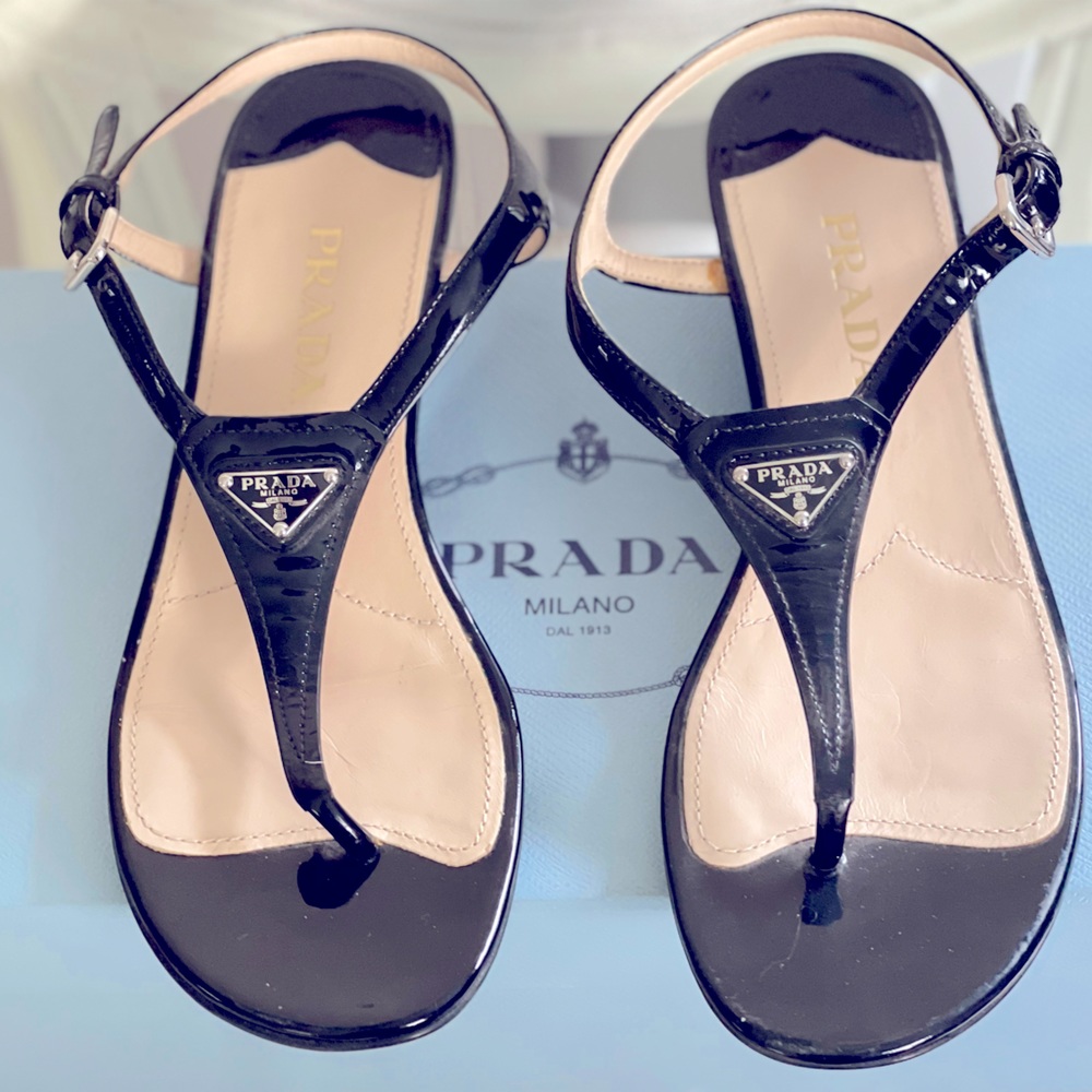 Prada, Black Patent Leather Strap Sandal, Size 7.5, (37.5).